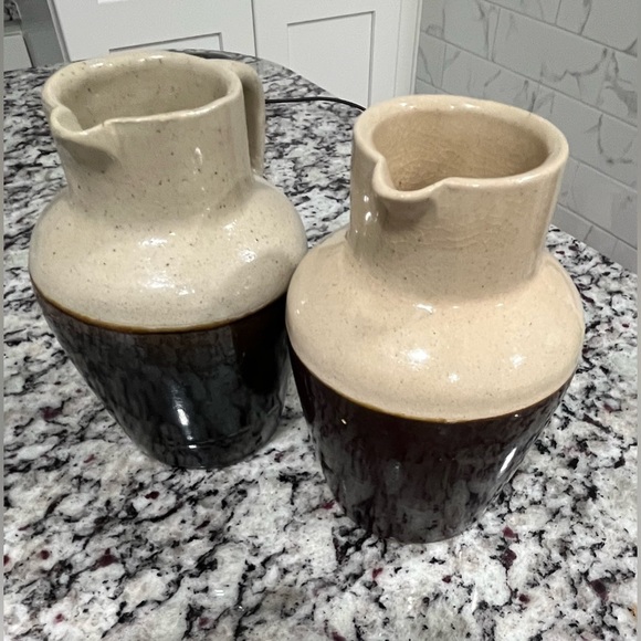 COPY - Two Antique Stoneware Cream/Brown Crock Rustic Farmhouse Milk Pitcher 6” - Picture 3 of 11
